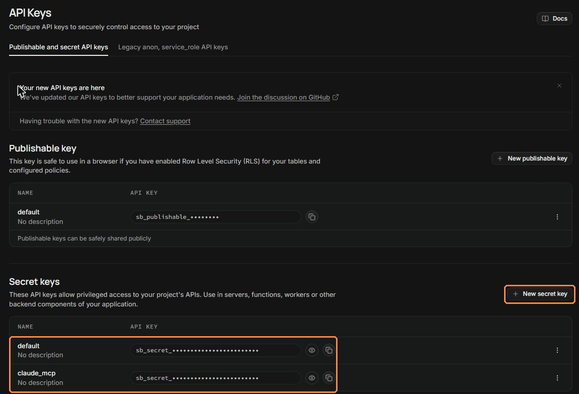 Página API Keys do Supabase: Publishable key em cima e Secret keys embaixo, com o botão New secret key