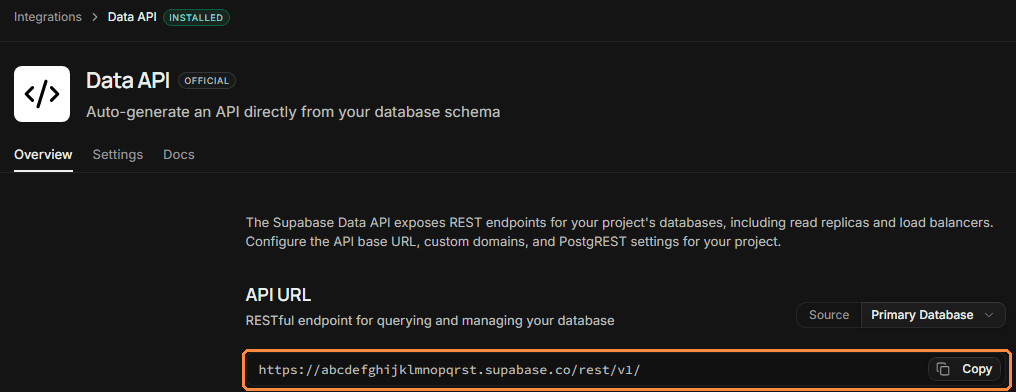 Página Data API do Supabase mostrando a API URL; copie só até .supabase.co