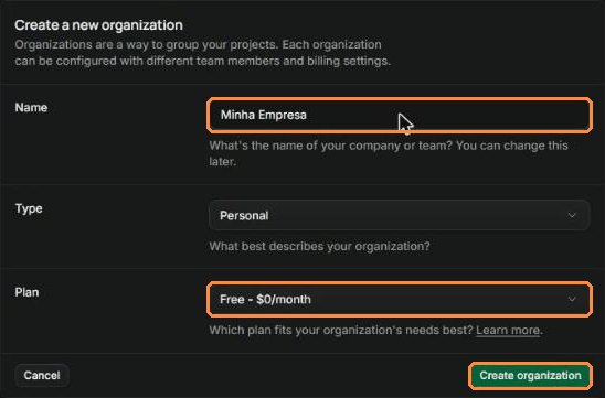 Formulário Create a new organization do Supabase com Name, Type, Plan e o botão Create organization marcados