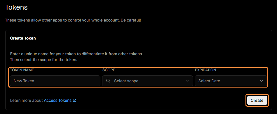 Quadro Create Token da Vercel com os campos Token name, Scope e Expiration e o botão Create